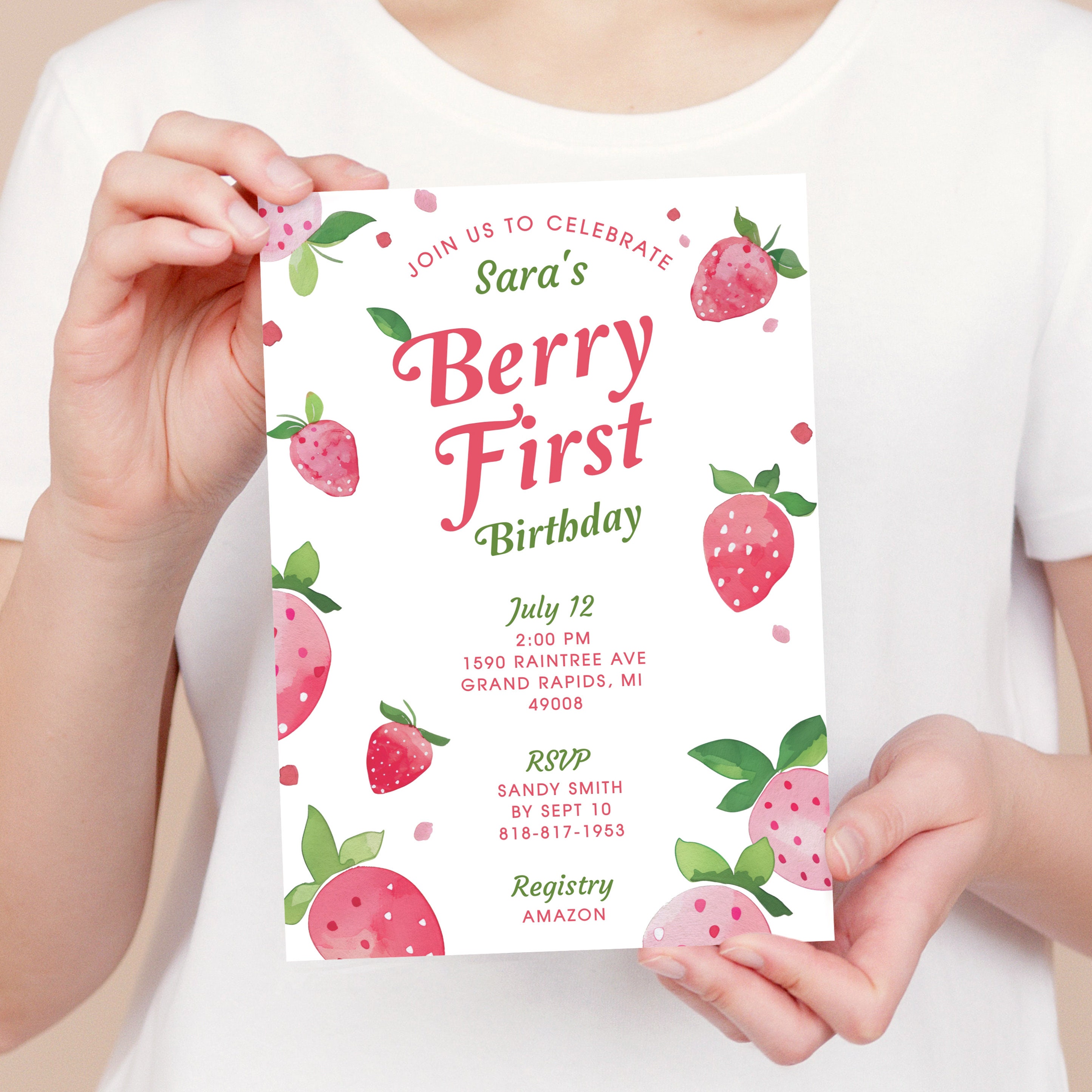 Berry First Birthday Party Invitation Template, Strawberry Party Invite ...