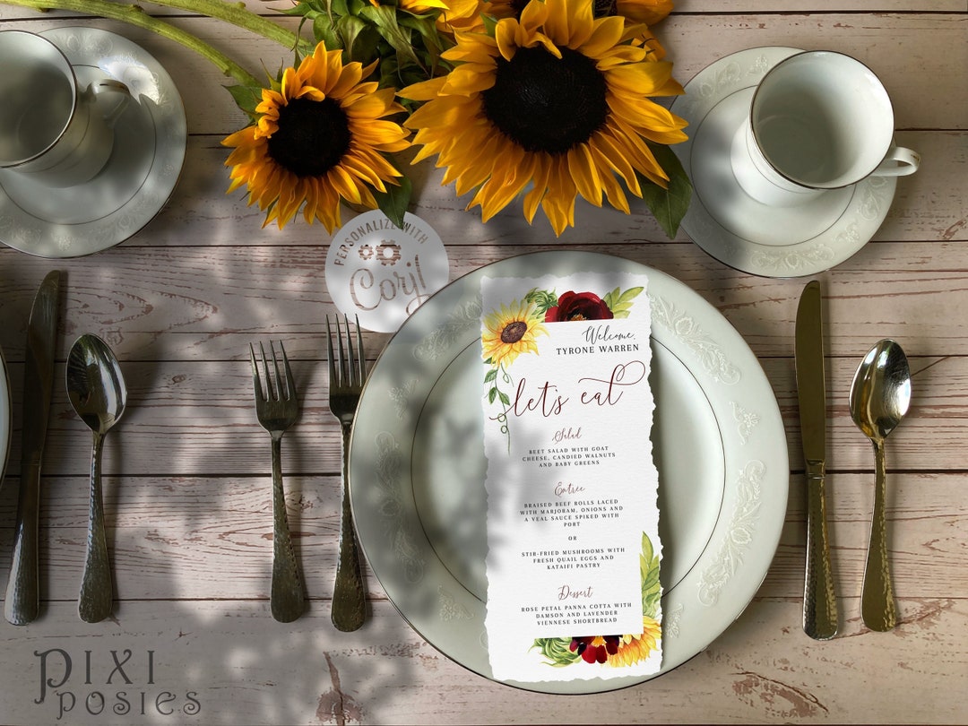Rose and Sunflower Menu Template Watercolor Burgundy Yellow - Etsy Israel