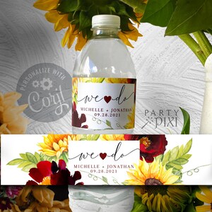 Modèle d’étiquette de bouteille d’eau rose et tournesol, jaune et bordeaux modifiable We Do Wedding Water Bottle Imprimable 8,5 x 2 - The Michelle