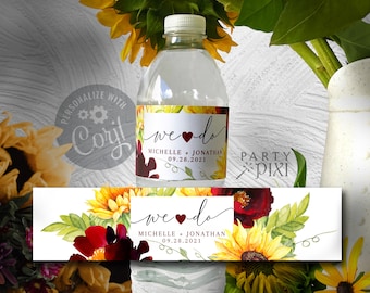 May include: Water bottle label with a watercolor design of sunflowers and red poppies. The label says "we do" with the date "09.28.2021" and the names "Michelle + Jonathan".
