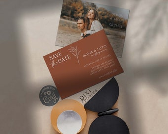 Terracotta Save The Date Template with Photo, Modern Minimalist Wedding Corjl Printable - The Olivia