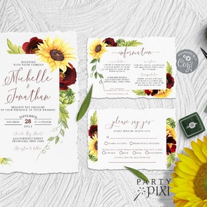 Rose and Sunflower Wedding Invitation Template Set, Burgundy Yellow Invite, RSVP Postcard, Details Enclosure Card - The Michelle