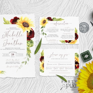 Ensemble de modèles d'invitation de mariage rose et tournesol, invitation jaune bordeaux, carte postale RSVP, carte de clôture de détails - La Michelle