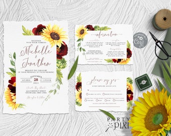 Rose and Sunflower Wedding Invitation Template Set, Burgundy Yellow Invite, RSVP Postcard, Details Enclosure Card - The Michelle