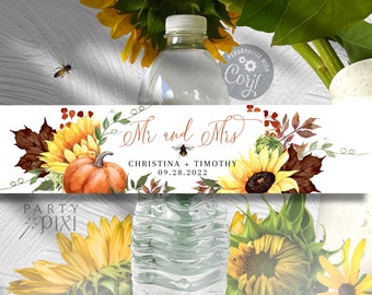 Bee Pumpkin Sunflower Water Bottle Label Template, Yellow Orange Printable Country Fall Wedding Beverage Favor Wrap 8.5 x 2 - The Christina