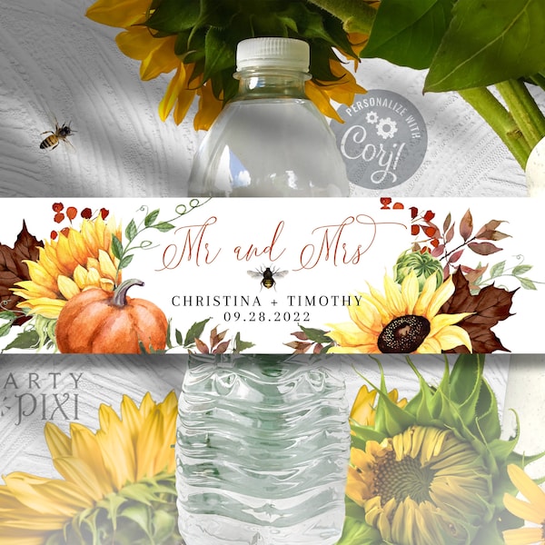 Bee Pumpkin Sunflower Water Bottle Label Template, Yellow Orange Printable Country Fall Wedding Beverage Favor Wrap 8.5 x 2 - The Christina