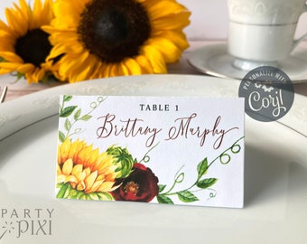 Rose and Sunflower Wedding Place Cards Template Download, Burgundy Yellow Place Setting, US UK AU Sizes - The Michelle