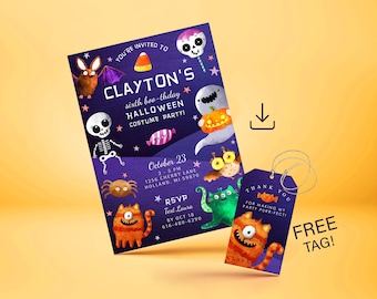 May include: A Halloween-themed invitation and tag set. The invitation features a purple background with cartoon illustrations of a bat, ghost, skeleton, spider, and monsters. The tag reads "Thank you for making my party purr-fect!"
