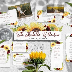 6 Piece Sunflower Wedding Stationery Template Bundle, Invitation, Details, RSVP, Program, Save the Date, Thank You - The Michelle