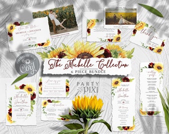 6 Piece Sunflower Wedding Stationery Template Bundle, Invitation, Details, RSVP, Program, Save the Date, Thank You - The Michelle