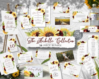 Complete Sunflower Wedding Template Bundle Collection, 16 Piece Printable Wedding Stationery & Signage Templates Full Suite - The Michelle