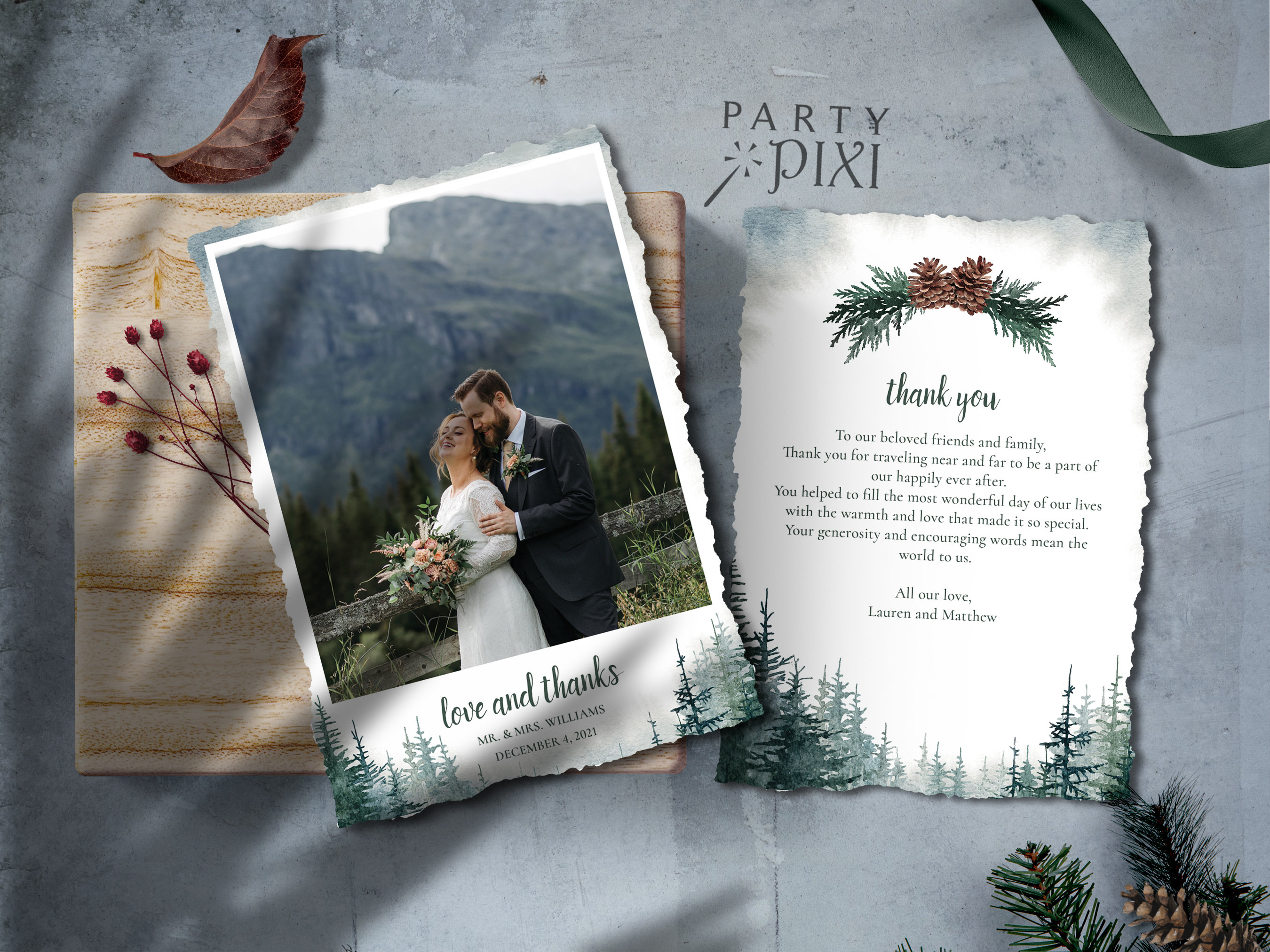 Pine Tree Wedding Thank You With Photo Template, Watercolor Forest ...