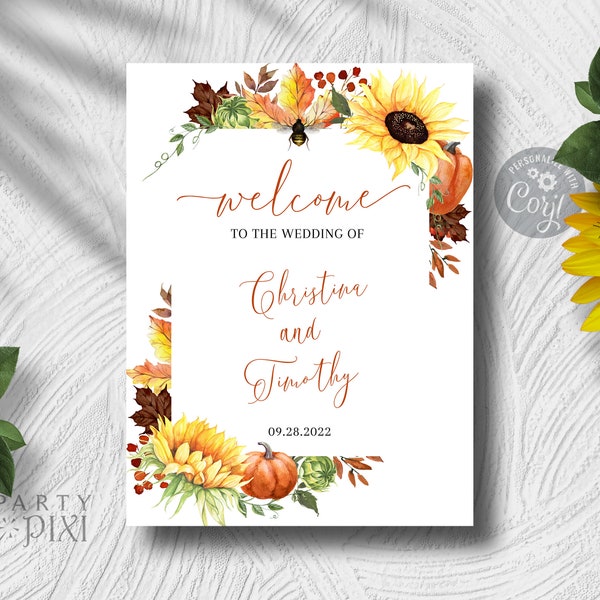 Bee Pumpkin Sunflower Wedding Welcome Sign Template, Yellow Orange Floral Fall Barn Wedding Welcome Sign Printable - The Christina