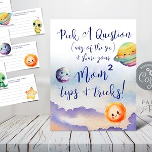 Modèle de cartes de conseils pour la douche de bébé de maman pour la deuxième fois, questions d’affiche de carte de mots de sagesse imprimables, mignon extraterrestre bébé garçon personnalisé