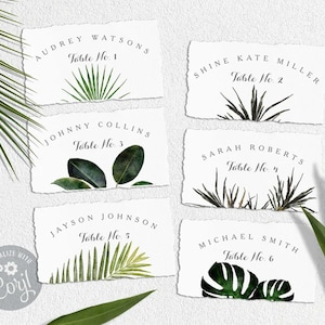 Modelo de cartão de casamento tropical plano, conjunto de 6, cartões de lugar de casamento de destino, download digital para impressão - The Jennifer