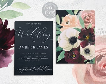 Elegant Black Background Minimalist Wedding Invitation Template with Watercolor Floral Back Side Printable Custom Modern Invite - The Amber