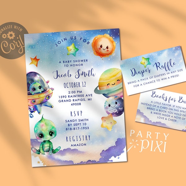 Space Baby Shower Invitation Diaper Raffle Book Request Template Bundle, Cute Alien UFO Planets Star Printable Self-Edit Custom Download