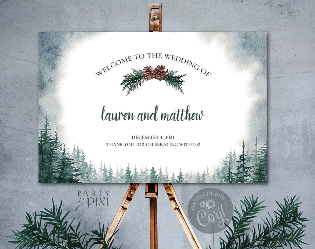 Rustic Wedding Welcome Sign Template, Printable Watercolor Pine Tree