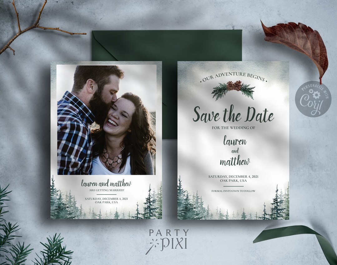 Rustic Save the Date Template With Photo, Watercolor Forest Pine Trees Printable Wedding ...