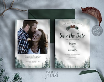 Modello rustico salva data con foto, annuncio di matrimonio stampabile con alberi di pino della foresta dell'acquerello Modifica e scarica - The Lauren