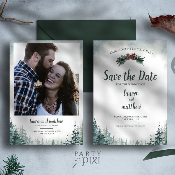 Rustic Save The Date Template with Photo, Watercolor Forest Pine Trees Printable Wedding Announcement Edit & Download - The Lauren