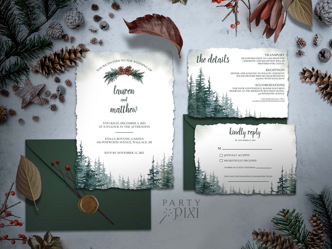 Pine Tree Wedding Invitation Template Set, Casual Printable Forest