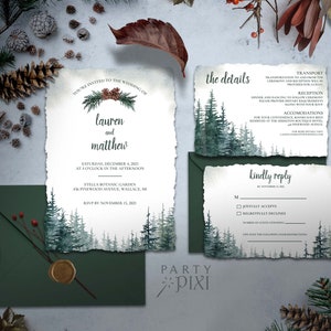 Pine Tree Wedding Invitation Template Set, Casual Printable Forest Invite Suite with RSVP & Details Enclosure Cards - The Lauren