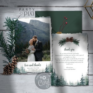 Tannenbaum Hochzeit Dankeschön mit Fotovorlage, Aquarell Wald Dankeskarte druckbare Download - The Lauren
