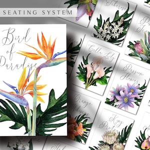 Set di 15 carte da tavolo tropicali stampabili nomi di fiori, numeri di tavolo di nozze unici Hawaii Download istantaneo - SISTEMA DI SEDUTE PIXI - The Emily
