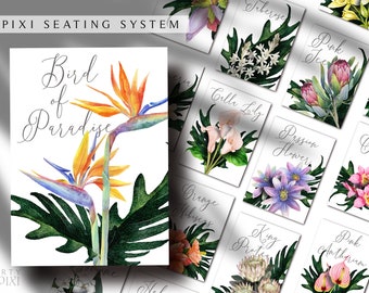 Set of 15 Printable Tropical Table Cards Flower Names, Hawaii Unique Wedding Table Numbers Instant Download - PIXI SEATING SYSTEM -The Emily