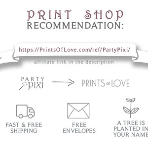 May include: A graphic with the text "PRINT SHOP RECOMMENDATION:" and a link to PrintsOfLove.com. The graphic also includes a logo for PartyPixi and an arrow pointing to the text "PRINTS OF LOVE". Below the arrow are three icons: a truck, an envelope, and a tree. The truck icon has the text "FAST & FREE SHIPPING" below it. The envelope icon has the text "FREE ENVELOPES" below it. The tree icon has the text "A TREE IS PLANTED IN YOUR NAME" below it.