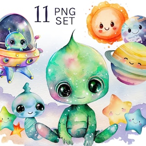 Space Baby Clip Art PNG Images, Watercolor Planets Aliens, Colorful Creepy Cute Alien Baby UFO Happy Planets Star Sun Clipart Download