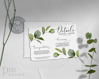 Eucalyptus Details Card, Watercolor Greenery Wedding Info Card Template Instant Download Printable - The Georgina