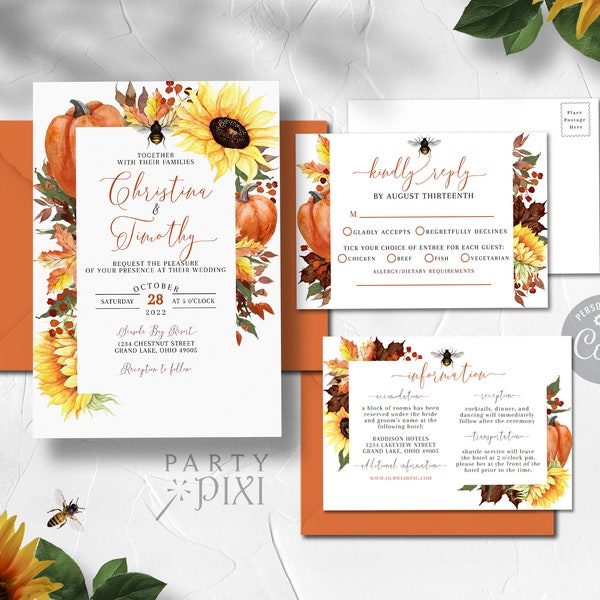 Bee Sunflower Pumpkin Wedding Invitation Template, Watercolor Orange Yellow Fall Invite RSVP Details Printable Set - The Christina