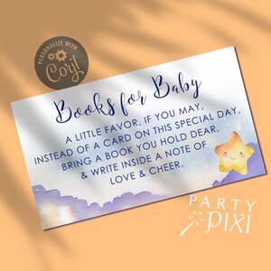 Modèle d'encart de demande de livre espace bébé, livres imprimables pour enceinte de baby shower, modèle de carte, ciel nocturne coloré mignon bleu jaune étoile