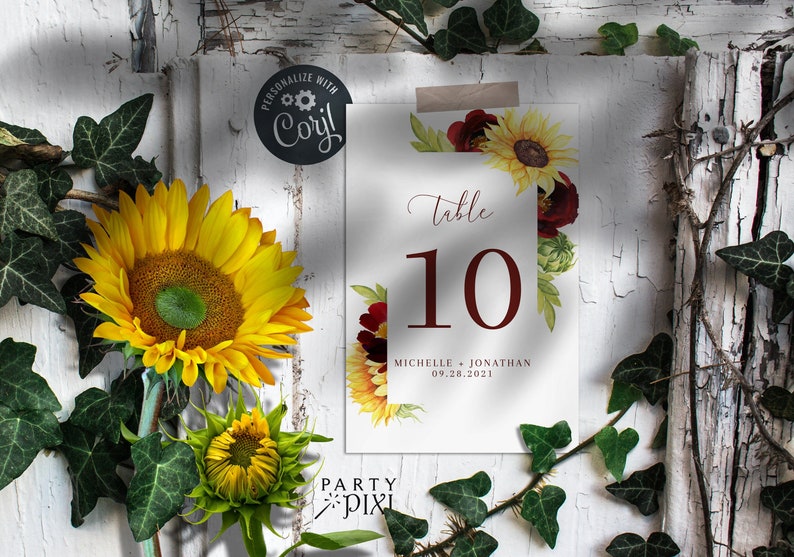 Rose and Sunflower Wedding Table Number Sign Template, Yellow and Burgundy Table Number Sign Printable The Michelle image 1