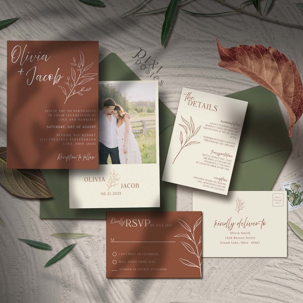 Terracotta Wedding Invitation with Photo Template Set, Editable Minimalist Rustic Boho Invite, Details, RSVP Suite - The Olivia