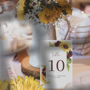 Rose and Sunflower Wedding Table Number Sign Template, Yellow and Burgundy Table Number Sign Printable The Michelle image 2