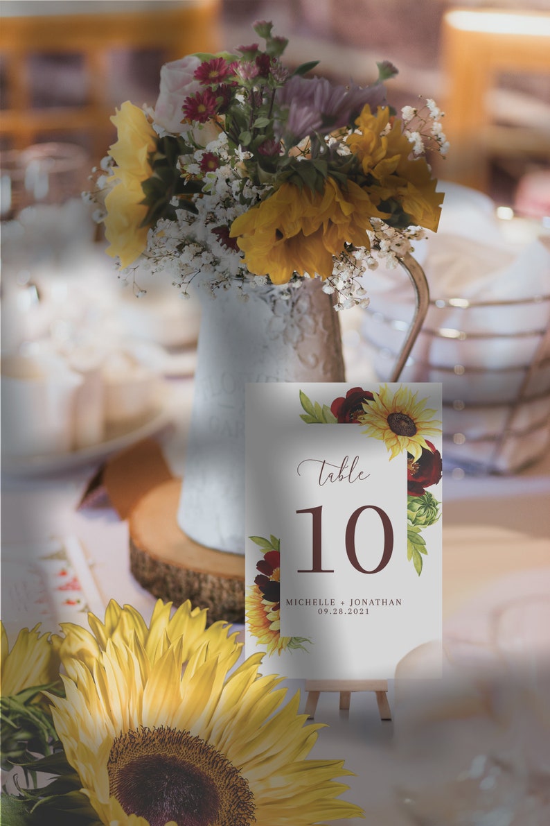 Rose and Sunflower Wedding Table Number Sign Template, Yellow and Burgundy Table Number Sign Printable The Michelle image 2