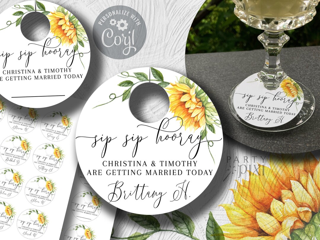 Sunflower Printable Wine Glass Name Tags Template, Sip Sip Hooray Wedding 3" 2" Blank ...