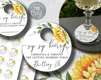 Sunflower Printable Wine Glass Name Tags Template, Sip Sip Hooray Wedding 3" 2" Blank Personalized Glass Tags - The Christina & The Michelle