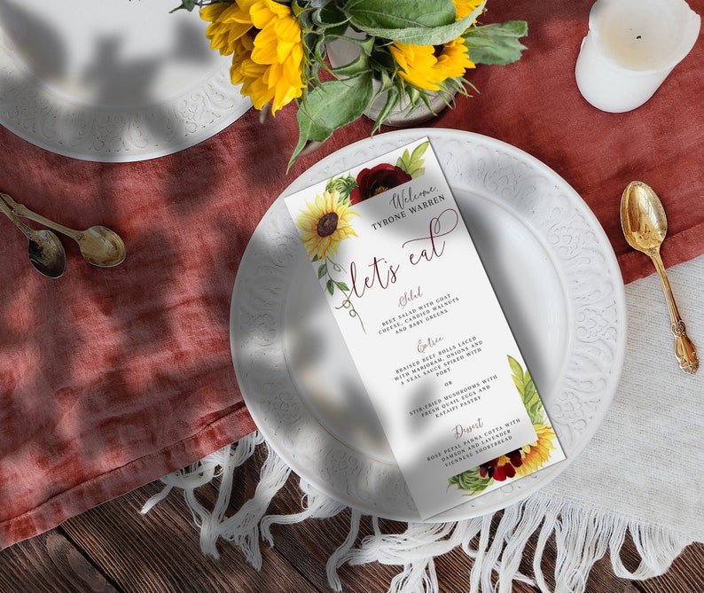 Rose and Sunflower Menu Template, Watercolor Burgundy Yellow Wedding ...