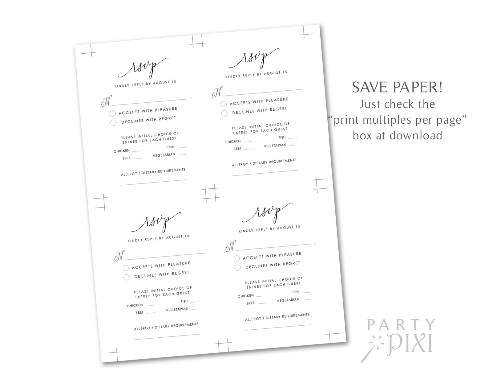 Minimalist Meal Choice RSVP Template, Vertical Black and White