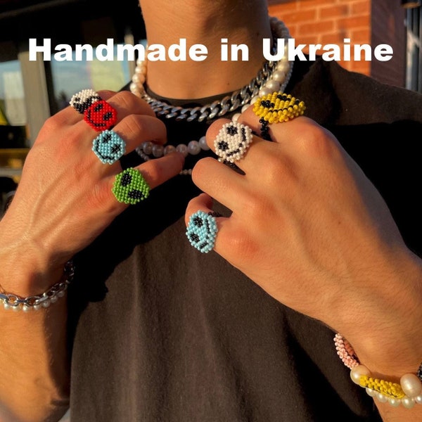 Ring Smiley Face Handmade in Ukraine, Cute Beaded Unique Ring Unisex| Gift for Girlfriend| Gift for Boyfriend| Gift for Loved One