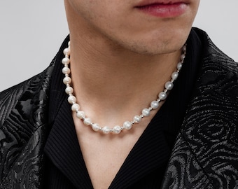 Silber Perlenkette Herren | Echte 8mm Süßwasserperlen AA und 4mm 925 Sterling Silber Kugeln | Handarbeit| Elegante Halskette | Geschenk für Frauen