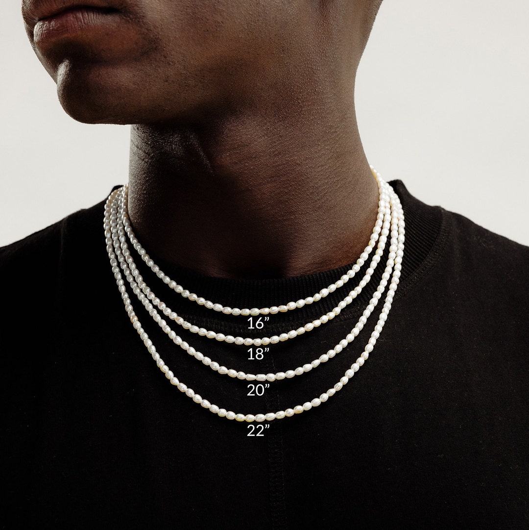 Thin Pearl Necklace for Men 3mm Mens Pearl Necklace, Tiny Rice Freshwater Pearl Necklace