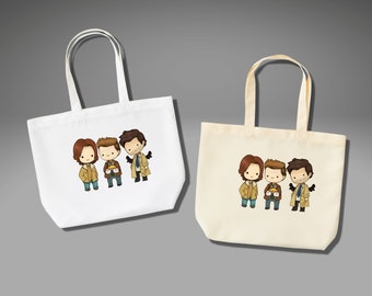 TOTE BAG - SPN, Supernatural, Cartoon Guys - Reusable, Washable, Polyester, Shopping, Gift, Teacher, Library, Eco Friendly, Recycle