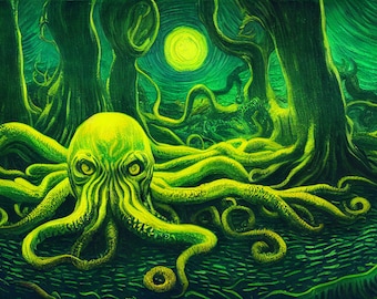 Cthulhu Starry Night Poster - Lovecraftian, Eldritch, Cosmic Horror, Tentacles, Elder God in the Forest High Quality Matte Print, Wall Art