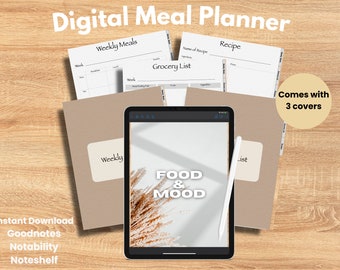 May include: A digital meal planner with three covers, including a weekly meal planner, a grocery list, and a recipe template. The planner is displayed on a tablet with a brown background and the text "FOOD & MOOD" on the screen.