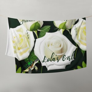 Lola&#39;s Girl Blanket| Iota Phi Lambda Sorority Inspired| Green and White| Sorority Gifts and Must Haves| 1929| White Roses| Turtles| Emeralds